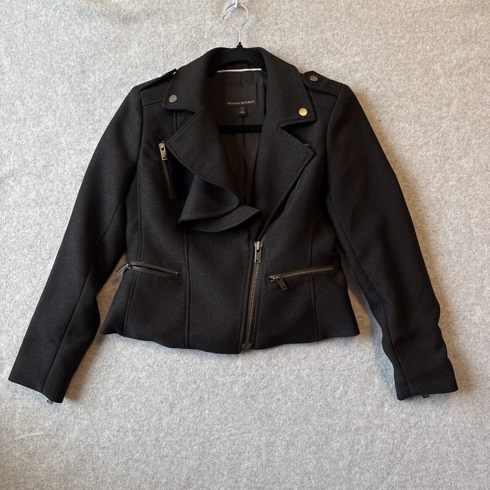 Banana Republic Black Metallic Flounce Front Moto Jacket Petite 4 Asymmetric Zip